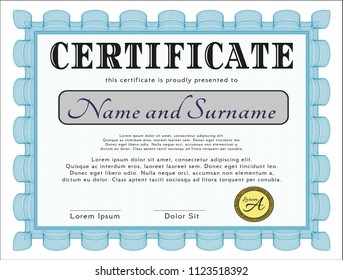 Light blue Certificate of achievement template. Superior design. With great quality guilloche pattern. Detailed. 