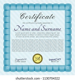 Light blue Certificate of achievement template. Superior design. Printer friendly. Detailed. 