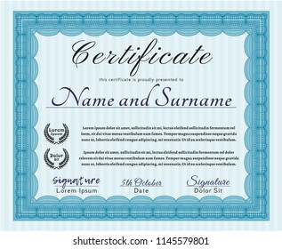Light blue Certificate of achievement template. Money Pattern design. Detailed. Easy to print. 