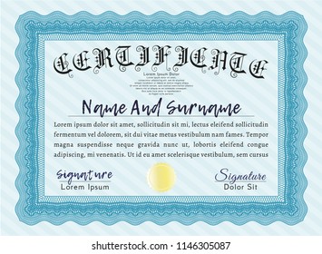 Light blue Certificate of achievement template. Complex background. Good design. Vector illustration. 