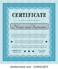 Light blue Certificate of achievement template. Vector illustration. With guilloche pattern. Modern design. 