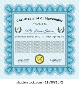 Light blue Certificate of achievement template. Money design. With guilloche pattern. Customizable, Easy to edit and change colors. 