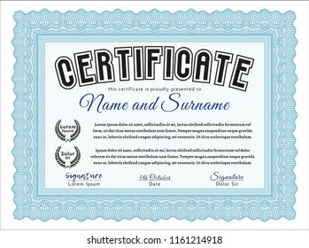 Light blue Certificate of achievement template. With guilloche pattern and background. Detailed. Cordial design. 