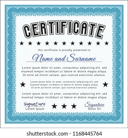 Light blue Certificate of achievement template. Detailed. With guilloche pattern. Superior design. 