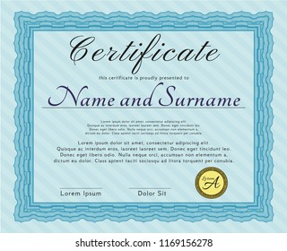 Light blue Certificate of achievement template. With great quality guilloche pattern. Sophisticated design. Detailed. 
