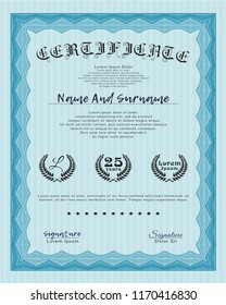 Light blue Certificate of achievement template. Customizable, Easy to edit and change colors. With great quality guilloche pattern. Lovely design. 