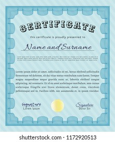 Light blue Certificate of achievement template. Modern design. Detailed. With guilloche pattern and background. 