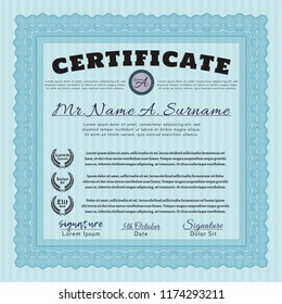 Light blue Certificate of achievement template. With complex background. Retro design. Vector illustration. 