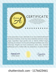 Light blue Certificate of achievement template. Detailed. With background. Cordial design. 