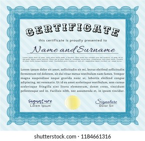 Light blue Certificate of achievement template. Customizable, Easy to edit and change colors. With complex linear background. Nice design. 