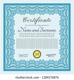 Light blue Certificate of achievement template. Money Pattern design. Printer friendly. Detailed. 