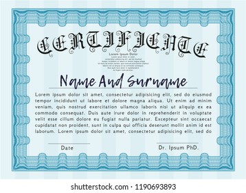 Light blue Certificate of achievement template. Vector illustration. Printer friendly. Money Pattern design. 