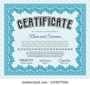 Light blue Certificate of achievement template. With quality background. Cordial design. Customizable, Easy to edit and change colors. 