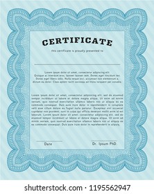 Light blue Certificate of achievement template. Excellent design. With great quality guilloche pattern. Vector illustration. 