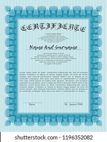Light blue Certificate of achievement template. Printer friendly. Detailed. Perfect design. 