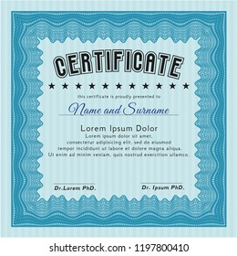 Light blue Certificate of achievement template. Excellent design. With great quality guilloche pattern. Detailed. 