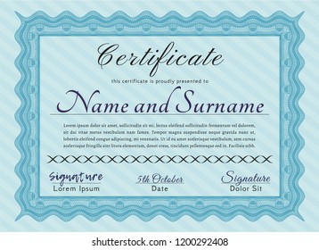 Light blue Certificate of achievement template. With guilloche pattern. Detailed. Sophisticated design. 
