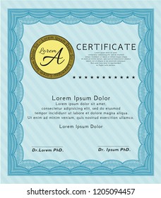 Light blue Certificate of achievement template. Lovely design. Detailed. With guilloche pattern and background. 