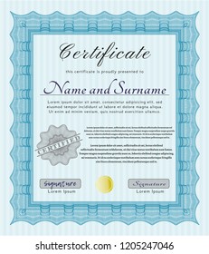 Light blue Certificate of achievement template. Vector illustration. Complex background. Retro design. 