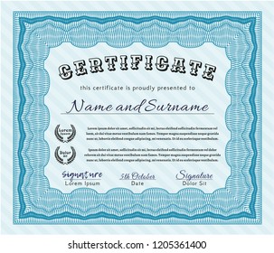 Light blue Certificate of achievement template. With guilloche pattern. Customizable, Easy to edit and change colors. Good design. 