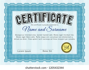 Light blue Certificate of achievement template. Money Pattern design. With linear background. Customizable, Easy to edit and change colors. 