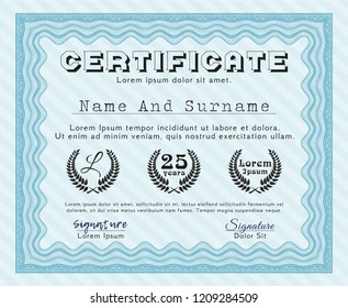 Light blue Certificate of achievement template. Perfect design. Printer friendly. Customizable, Easy to edit and change colors. 