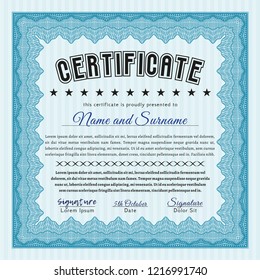 Light blue Certificate of achievement template. With complex linear background. Customizable, Easy to edit and change colors. Lovely design. 