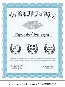 Light blue Certificate of achievement template. With guilloche pattern. Superior design. Customizable, Easy to edit and change colors. 