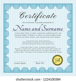 Light blue Certificate of achievement template. With guilloche pattern. Detailed. Cordial design. 