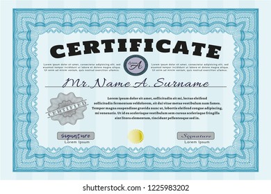 Light blue Certificate of achievement template. Easy to print. Retro design. Customizable, Easy to edit and change colors. 