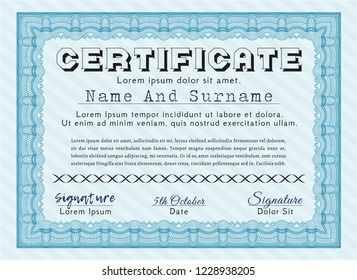 Light blue Certificate of achievement template. Superior design. Easy to print. Detailed. 