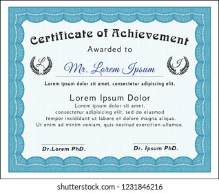 Light blue Certificate of achievement template. Customizable, Easy to edit and change colors. With background. Retro design. 