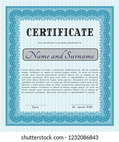 Light blue Certificate of achievement template. Perfect design. With guilloche pattern. Vector illustration. 