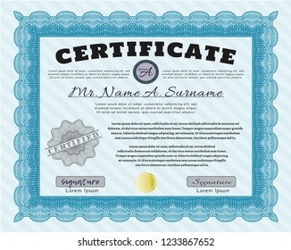 Light blue Certificate of achievement template. Elegant design. Complex background. Customizable, Easy to edit and change colors. 