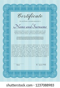 Light blue Certificate of achievement template. With guilloche pattern and background. Money Pattern. Detailed. 