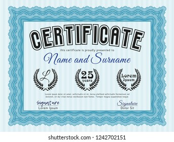 Light blue Certificate of achievement template. Perfect design. Vector illustration. With linear background. 