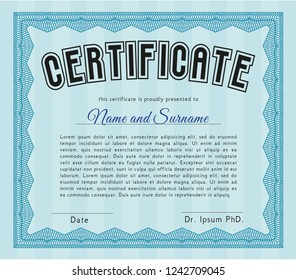 Light blue Certificate of achievement template. With guilloche pattern. Customizable, Easy to edit and change colors. Superior design. 