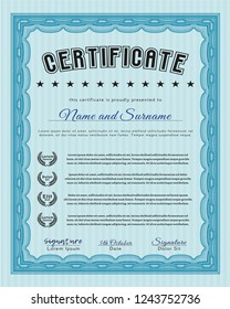 Light blue Certificate of achievement template. Superior design. Complex background. Detailed. 
