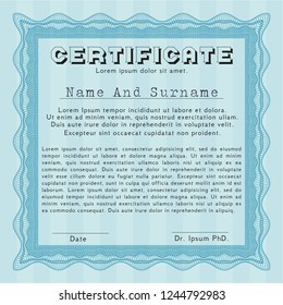 Light blue Certificate of achievement template. With complex linear background. Cordial design. Customizable, Easy to edit and change colors. 