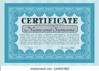 Light blue Certificate of achievement template. Customizable, Easy to edit and change colors. Easy to print. Money style design. 