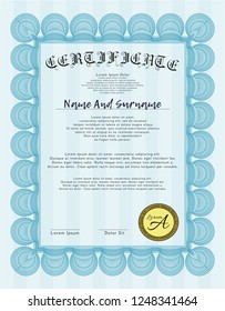 Light blue Certificate of achievement template. Customizable, Easy to edit and change colors. Printer friendly. Superior design. 