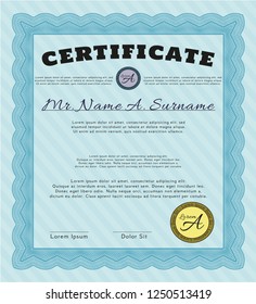 Light blue Certificate of achievement template. Retro design. Customizable, Easy to edit and change colors. With great quality guilloche pattern. 
