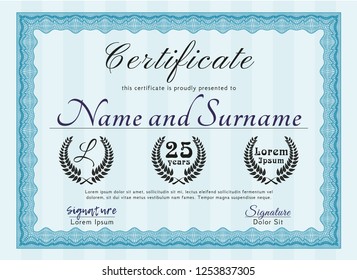 Light blue Certificate of achievement template. Easy to print. Detailed. Elegant design. 