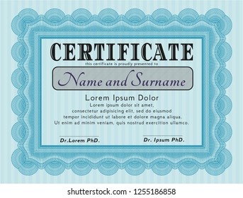 Light blue Certificate of achievement template. Elegant design. Detailed. With complex background. 