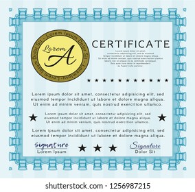 Light blue Certificate of achievement template. Cordial design. Detailed. Complex background. 