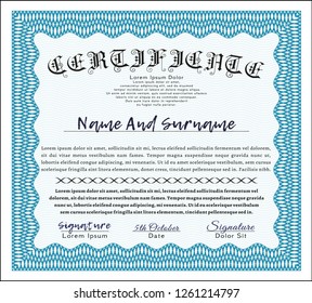 Light blue Certificate of achievement template. Vector illustration. With guilloche pattern. Money design. 