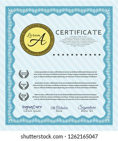 Light blue Certificate of achievement template. Retro design. Vector illustration. With complex linear background. 