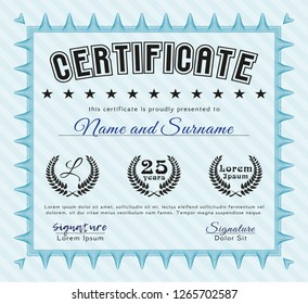 Light blue Certificate of achievement template. Good design. Vector illustration. With complex linear background. 
