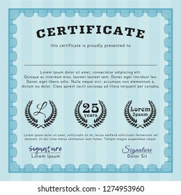 Light blue Certificate of achievement template. Detailed. With linear background. Perfect design. 