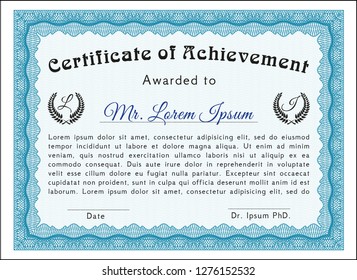 Light blue Certificate of achievement template. Cordial design. With complex linear background. Detailed. 